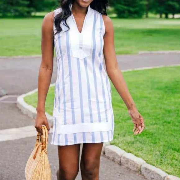 Sail To Sable XS White Blue Striped Jacquard Classic Tunic Dress Mini Shift - Picture 3 of 11